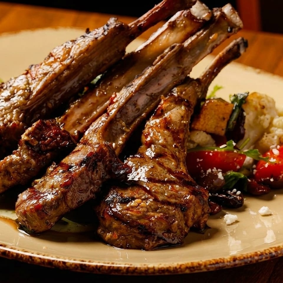 Grilled lamb chops with roasted vegetables, including cauliflower and tomatoes, on a beige plate.