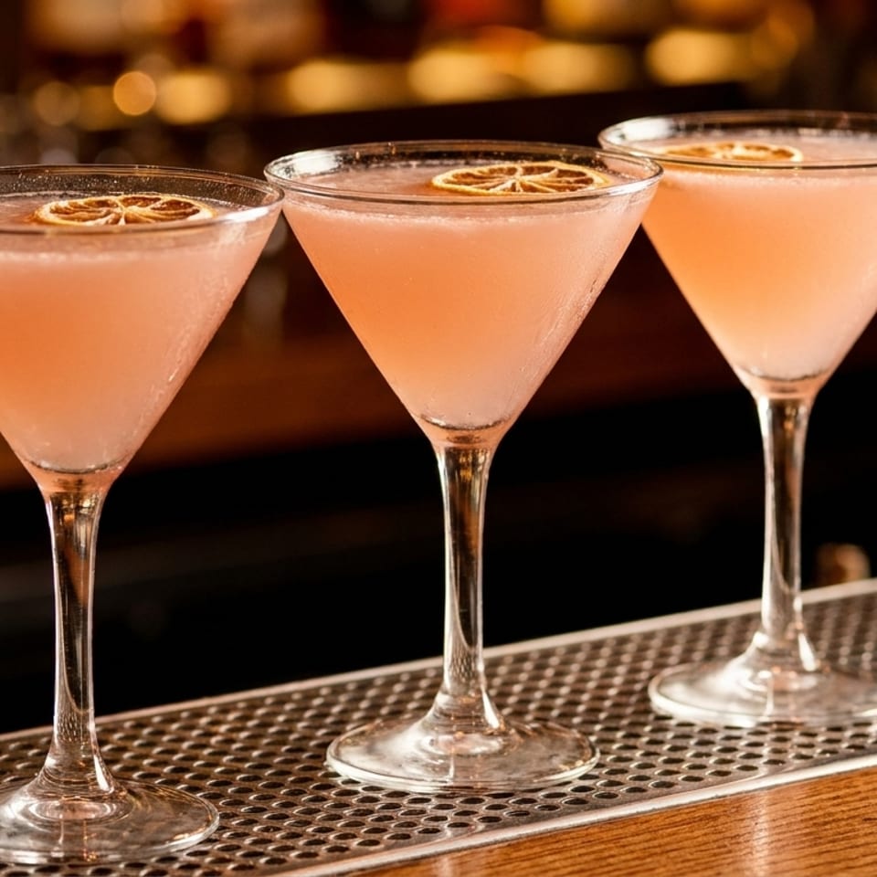 Three pink cocktails in martini glasses with dried citrus garnishes on a bar.