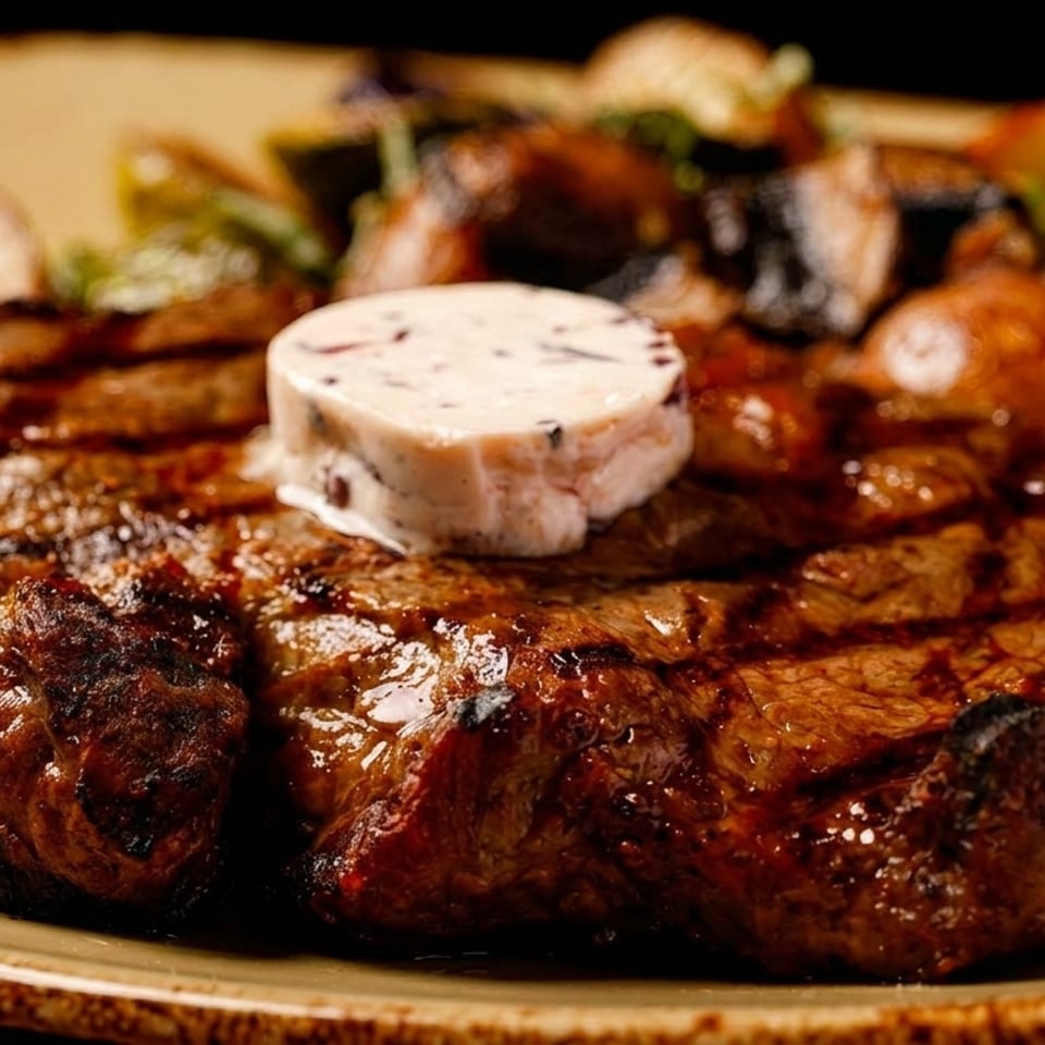 Grilled steak with a pat of butter, served with roasted potatoes and vegetables on a plate.