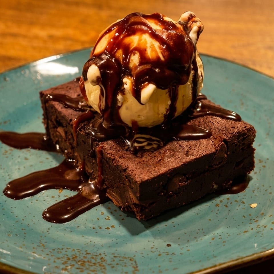 Rich chocolate brownie topped with vanilla ice cream and drizzled with chocolate sauce on a blue plate.