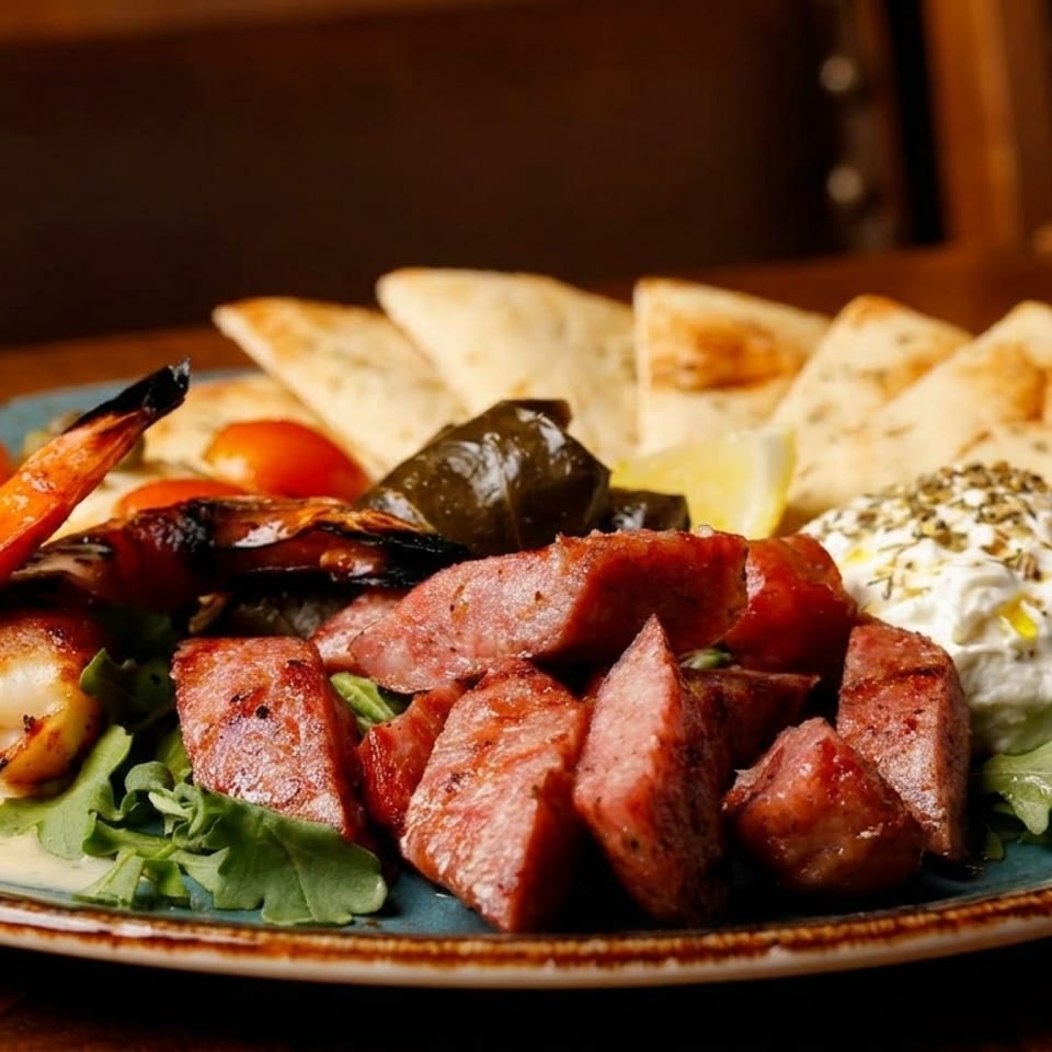 A blue plate with grilled shrimp, sausage, pita bread, dolmades, and a dollop of tzatziki.