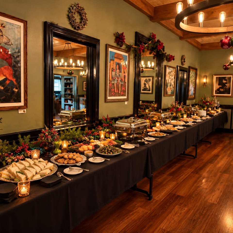 Festive restaurant dining room with buffet tables, plated appetizers, floral decorations, artwork, mirrors, and warm chandelier lighting.