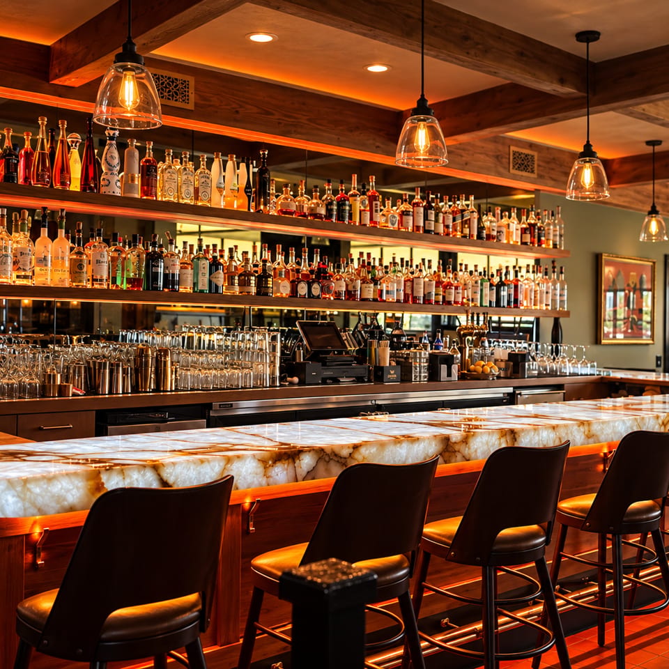 Warmly lit restaurant bar with marble counter, rows of liquor bottles, glassware, pendant lights, and dark leather stools.