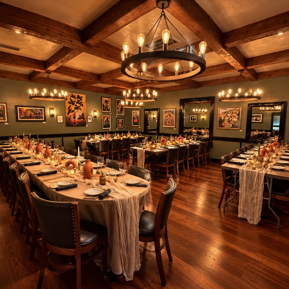 Warmly lit restaurant dining room with wood-beamed ceilings, chandeliers, art-covered walls, and elegantly set tables.