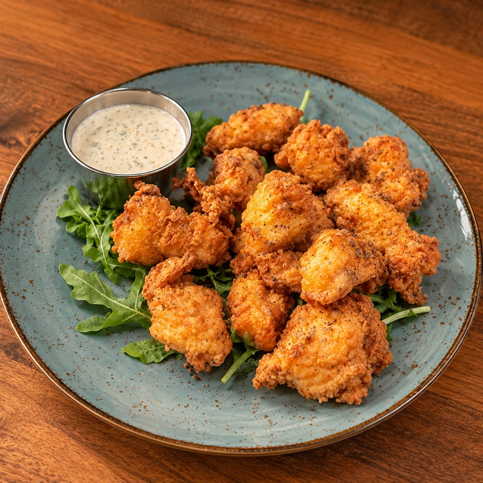 Crispy fried chicken pieces served over arugula with creamy dipping sauce on a blue ceramic plate.
