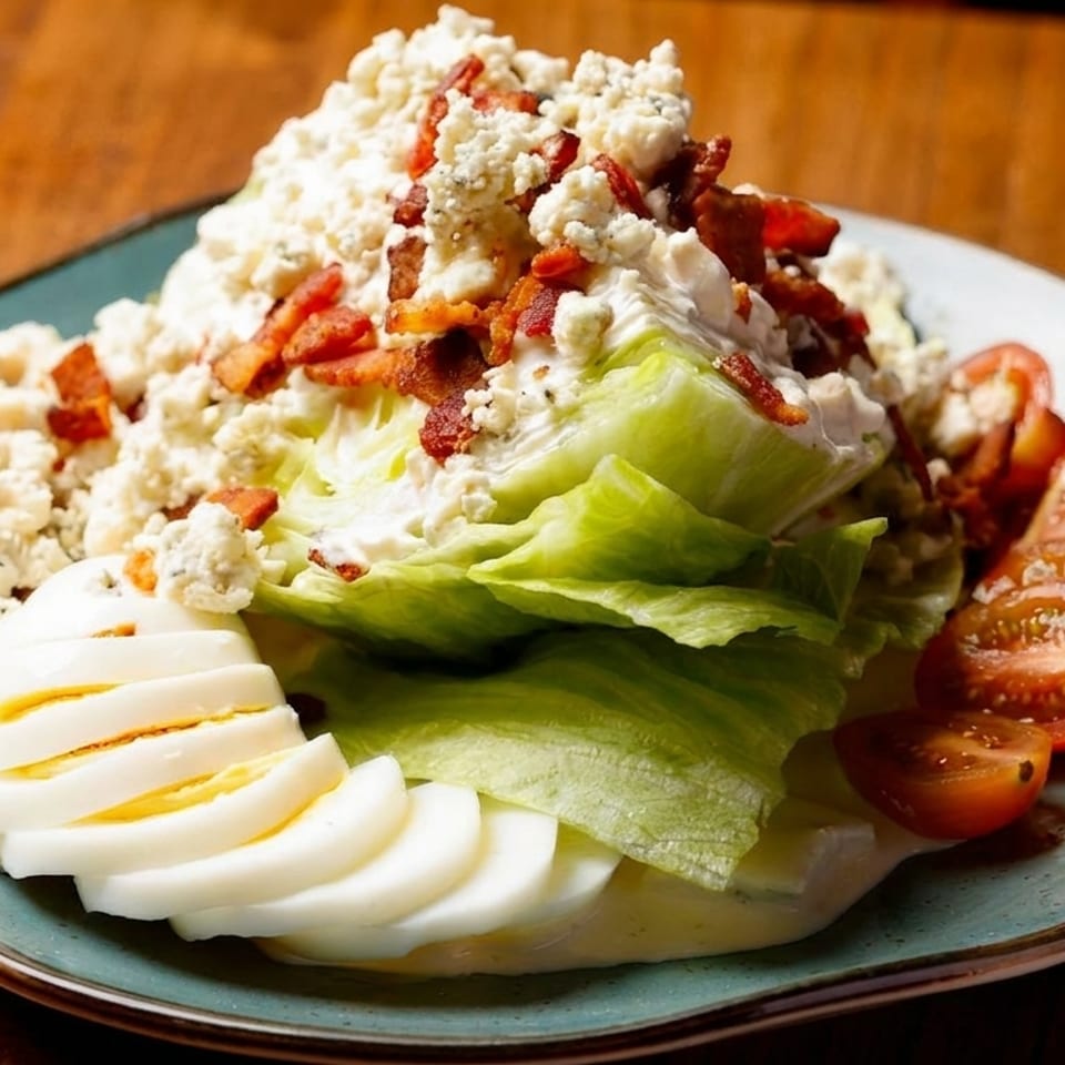Wedge salad with blue cheese, bacon, sliced hard-boiled egg, and cherry tomatoes on a blue plate.