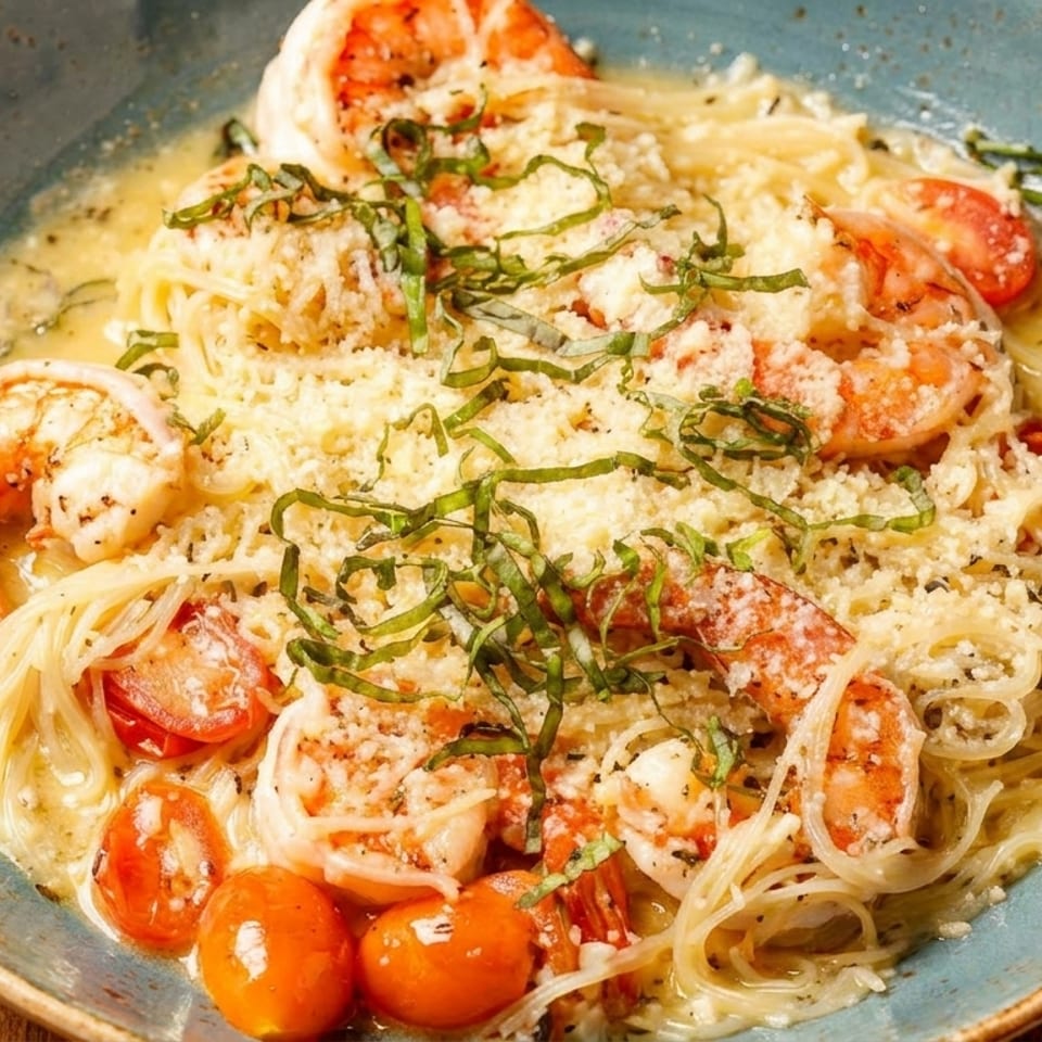 Shrimp scampi pasta with cherry tomatoes, parmesan cheese, and basil in a blue bowl.